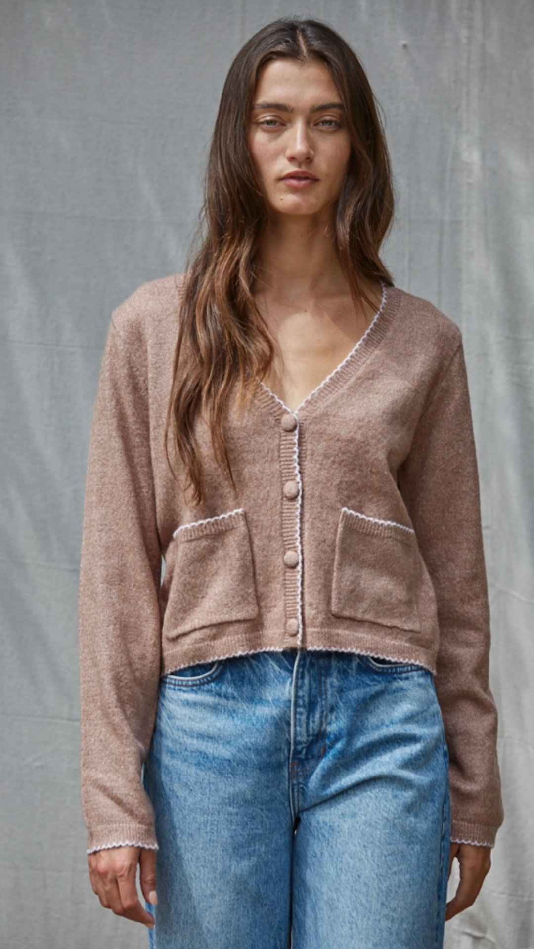 Mocha Contrast Trim Pocket Cardigan