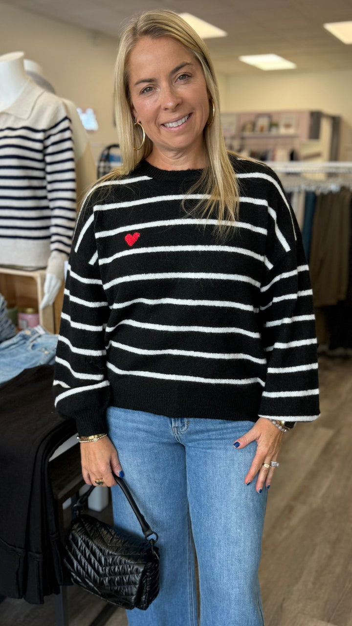 Black And Off White Stripe Heart Sweater