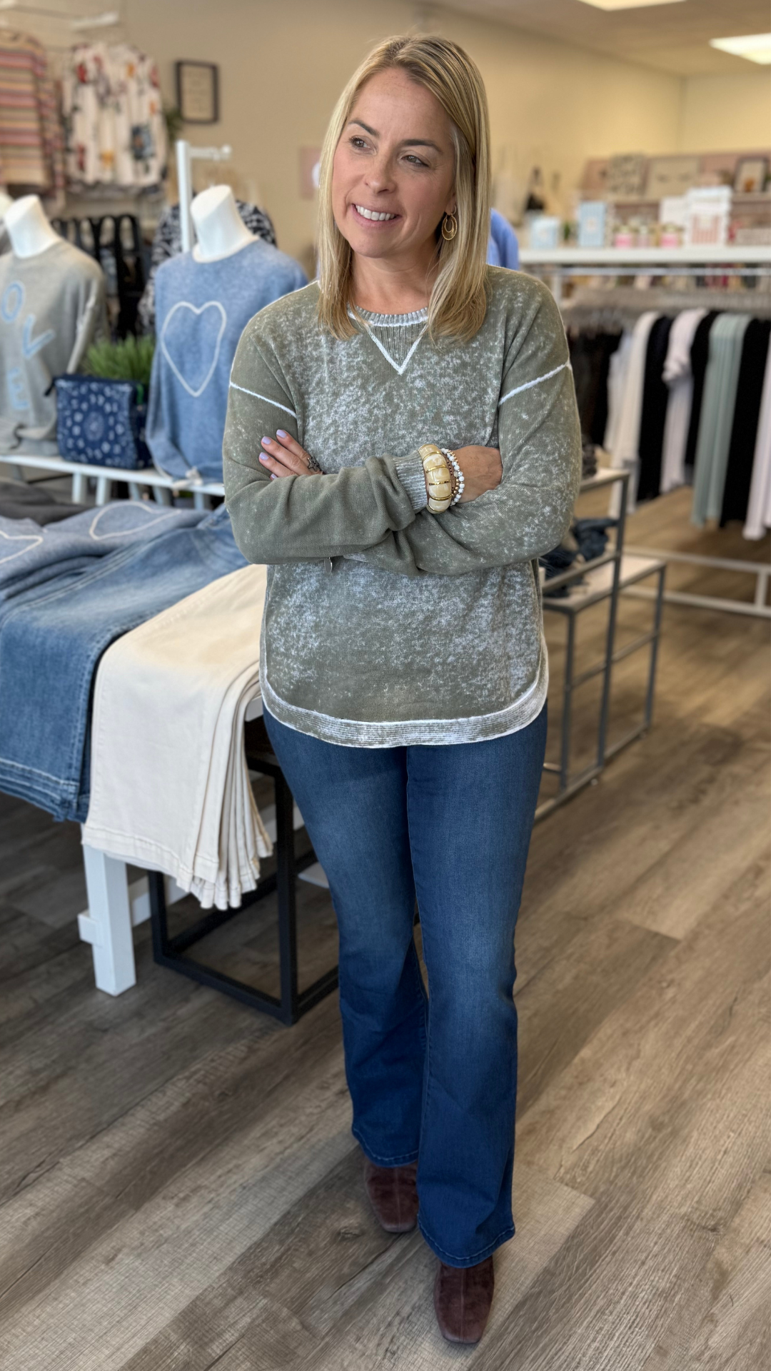 Olive Cotton Crew Neck Reverse Print Sweater