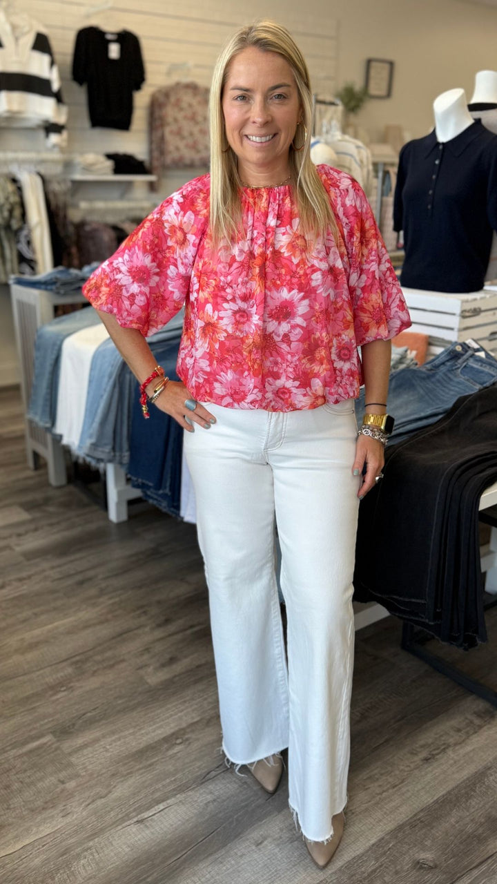 Floral Elastic Hem Balloon Sleeve Blouse