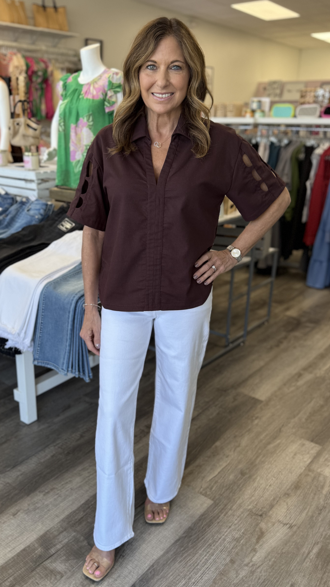 Short Sleeve Brown Cutout Top