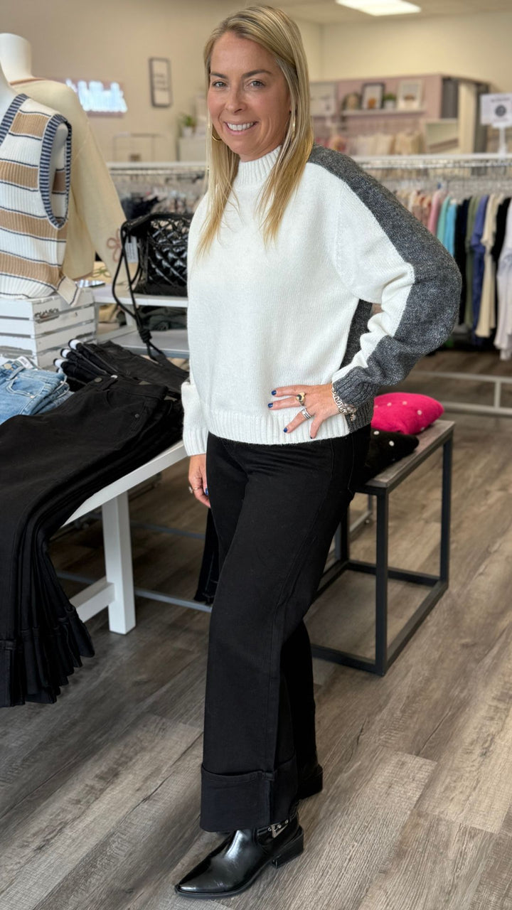 Mid Rise Jet Black Petite Cuffed Slim Wide Jeans