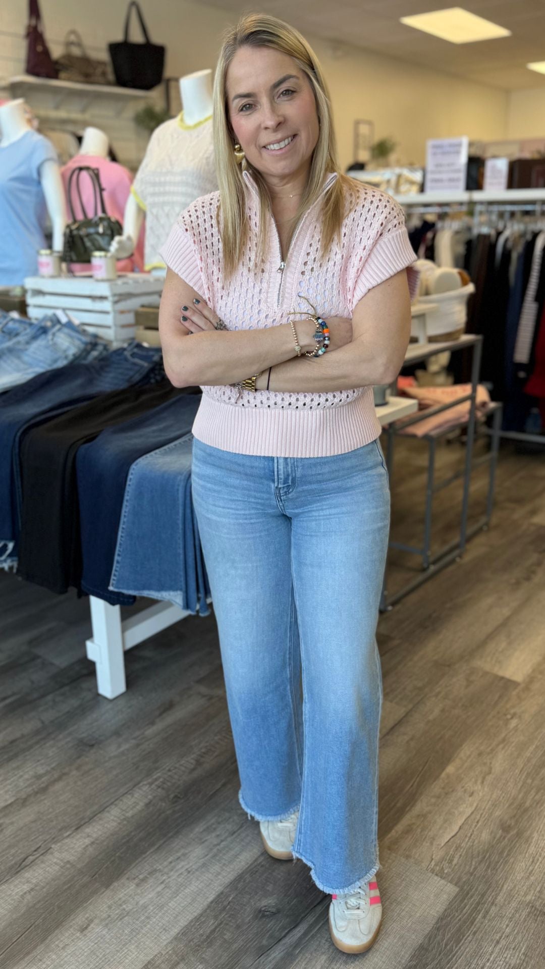 Pastel Pink Open Knit Short Sleeve Quarter Zip Sweater