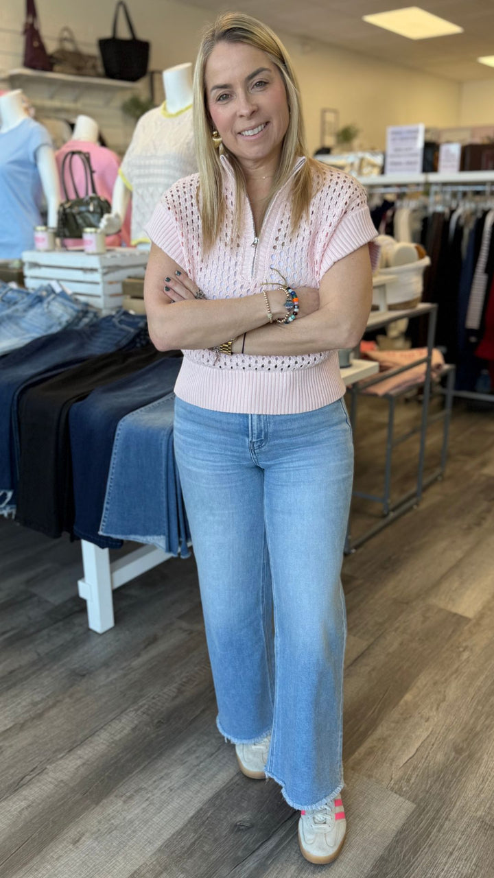 Pastel Pink Open Knit Short Sleeve Quarter Zip Sweater