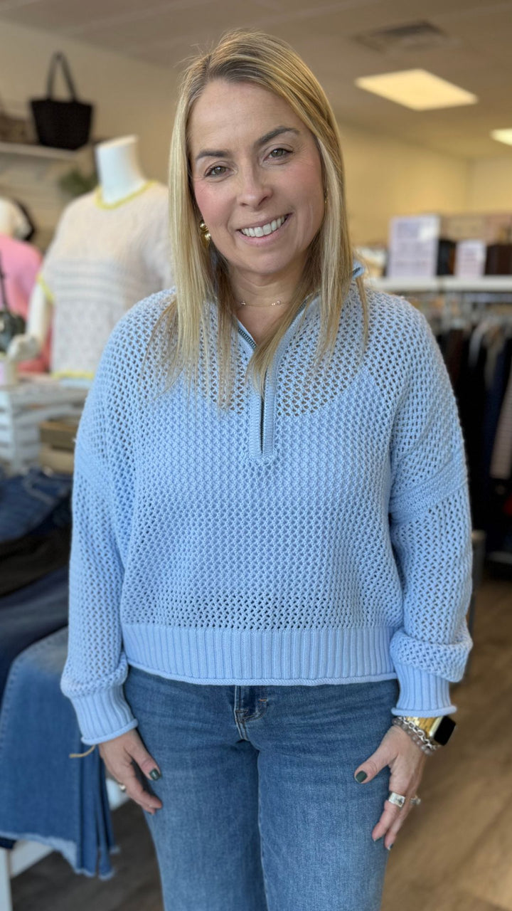 Light Blue Open Knit Quarter Zip Sweater