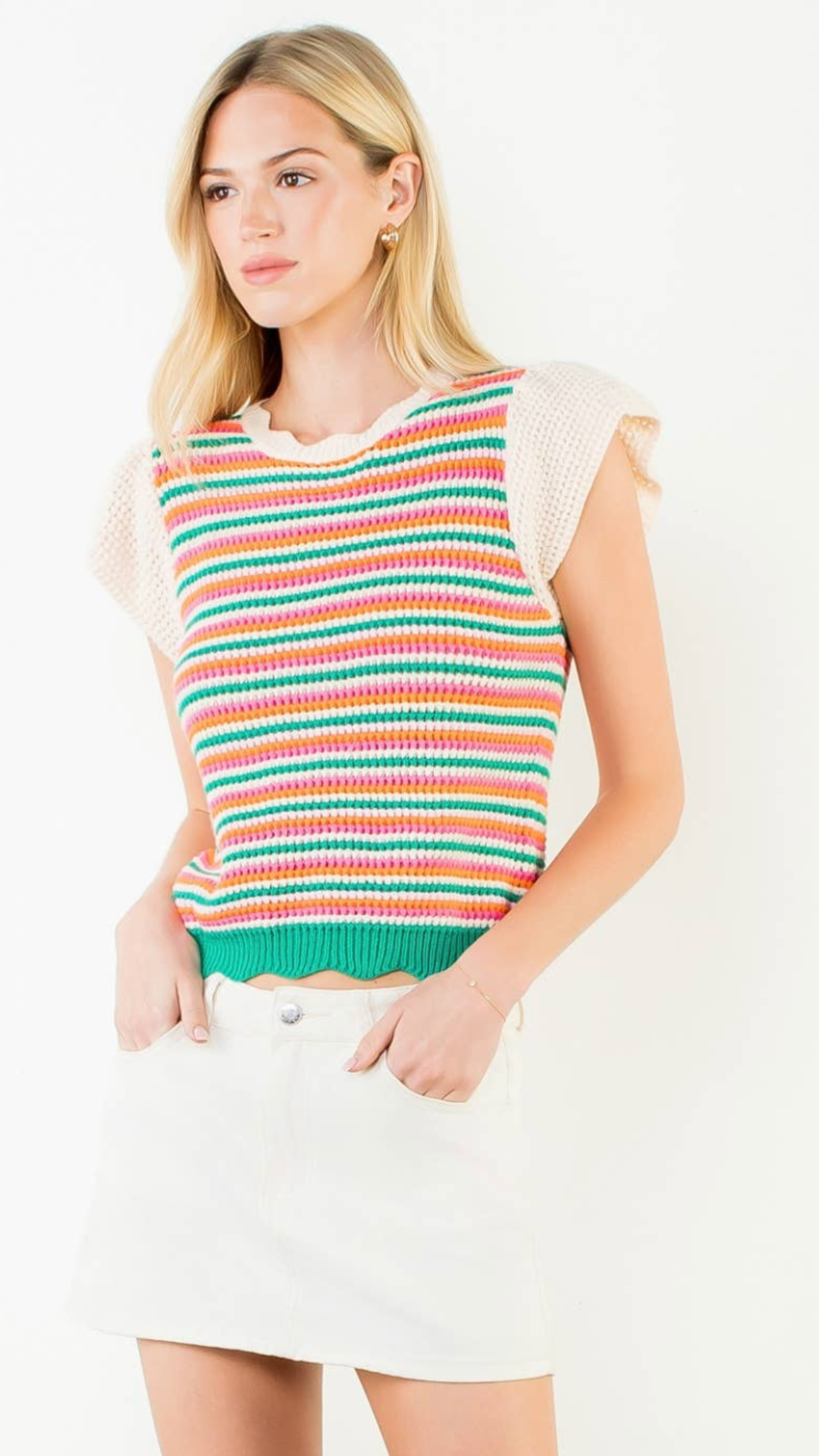 Scallop Hem Striped Knit Top