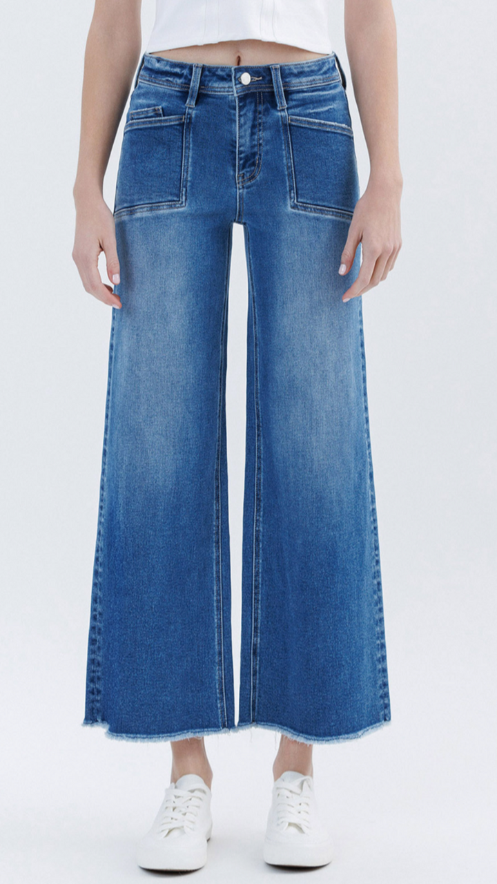 High Rise Medium Wash Raw Hem Wide Leg Jeans