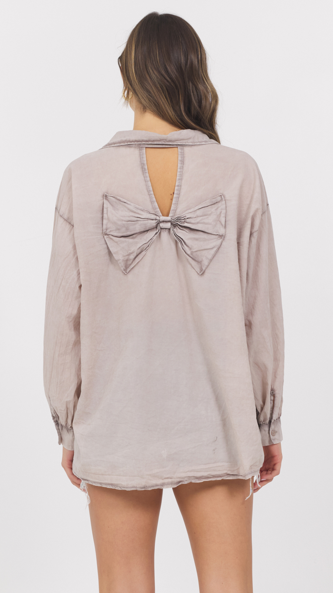 Oversized Taupe Button Up Shirt With Bow Back Detail