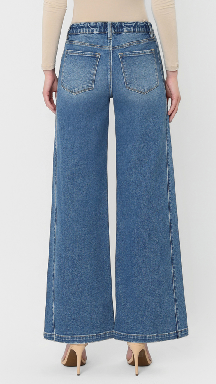 High Rise Medium Wash Waist Tie Twist Wide Leg Jeans