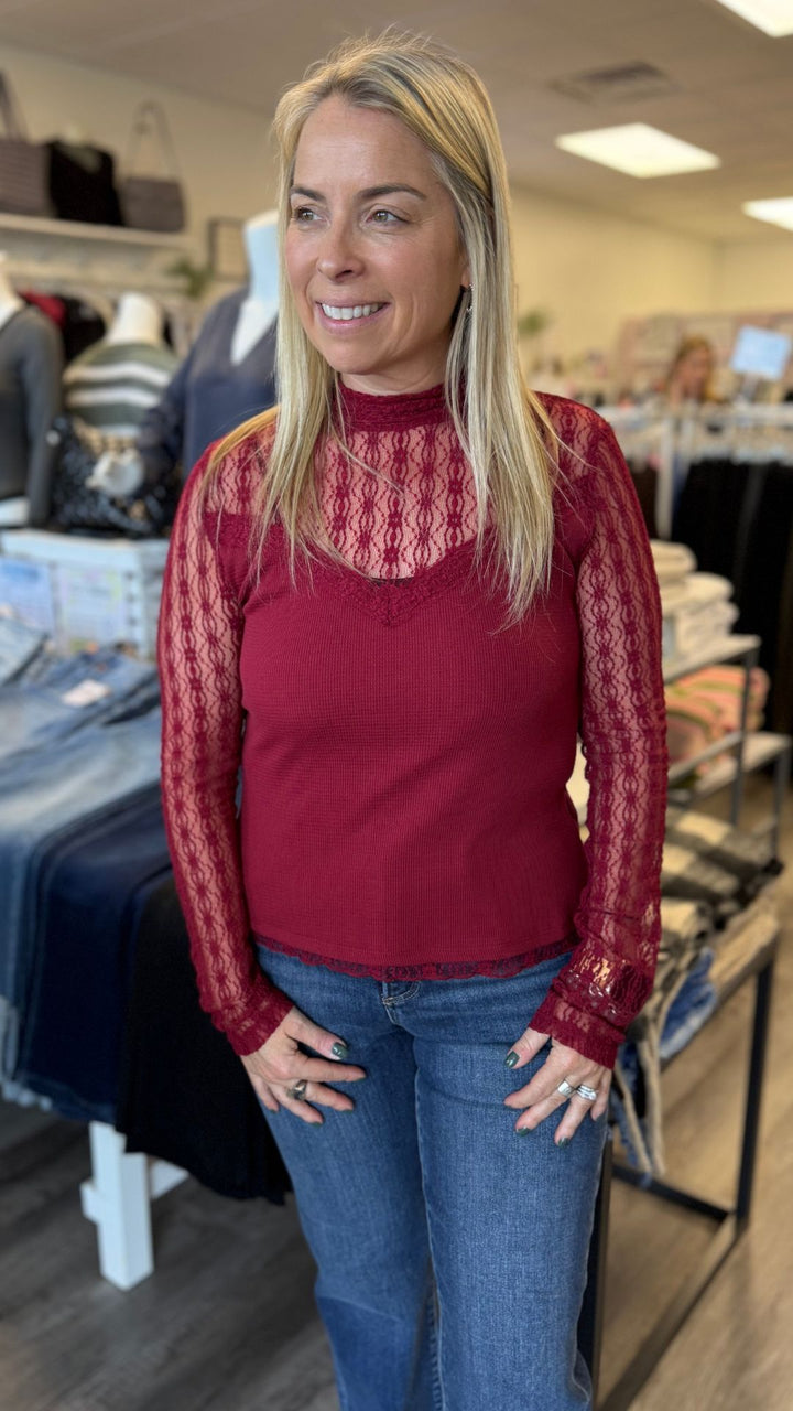 Ruby Red Ribbed Sheer Lace Mock Neck Long Sleeve