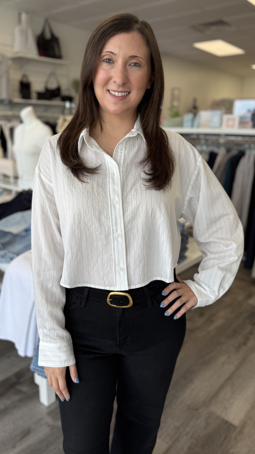 White Pin Stripe Buttondown Top