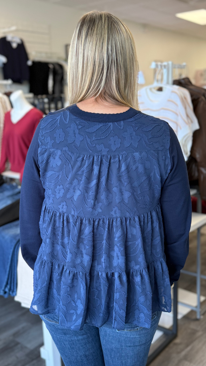 Fine Knit Front With Floral Jacquard Back Top