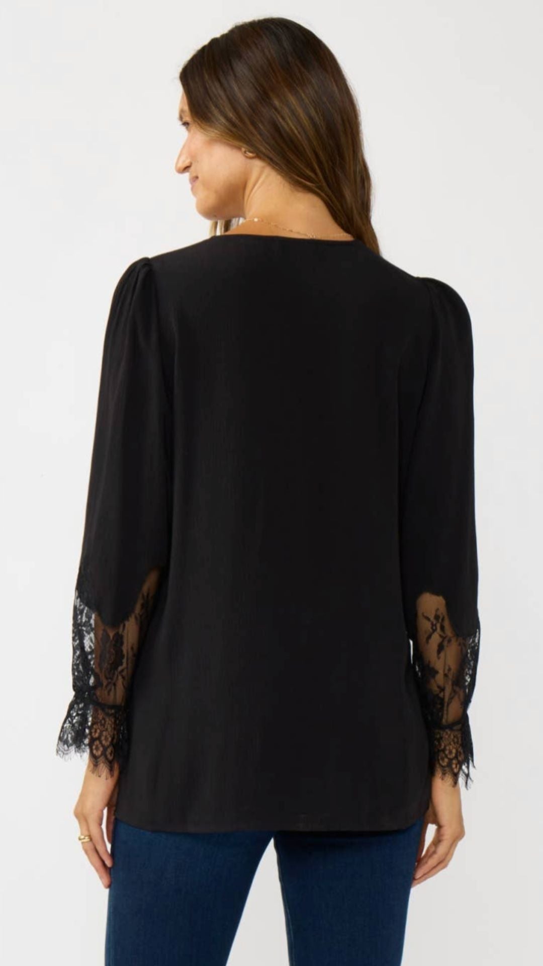 Lace Cuff V Neck Button Blouse