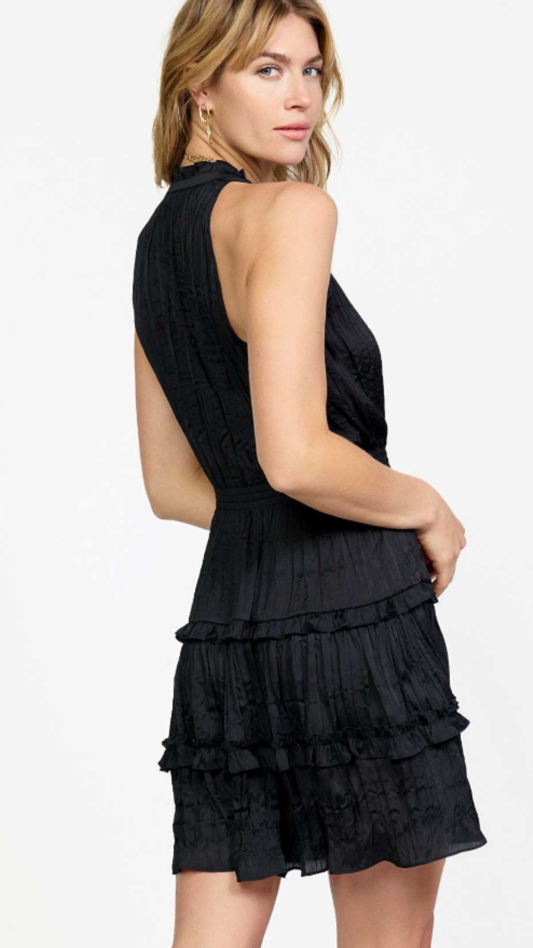 Black Ruffled Split Neck Tiered Mini Dress