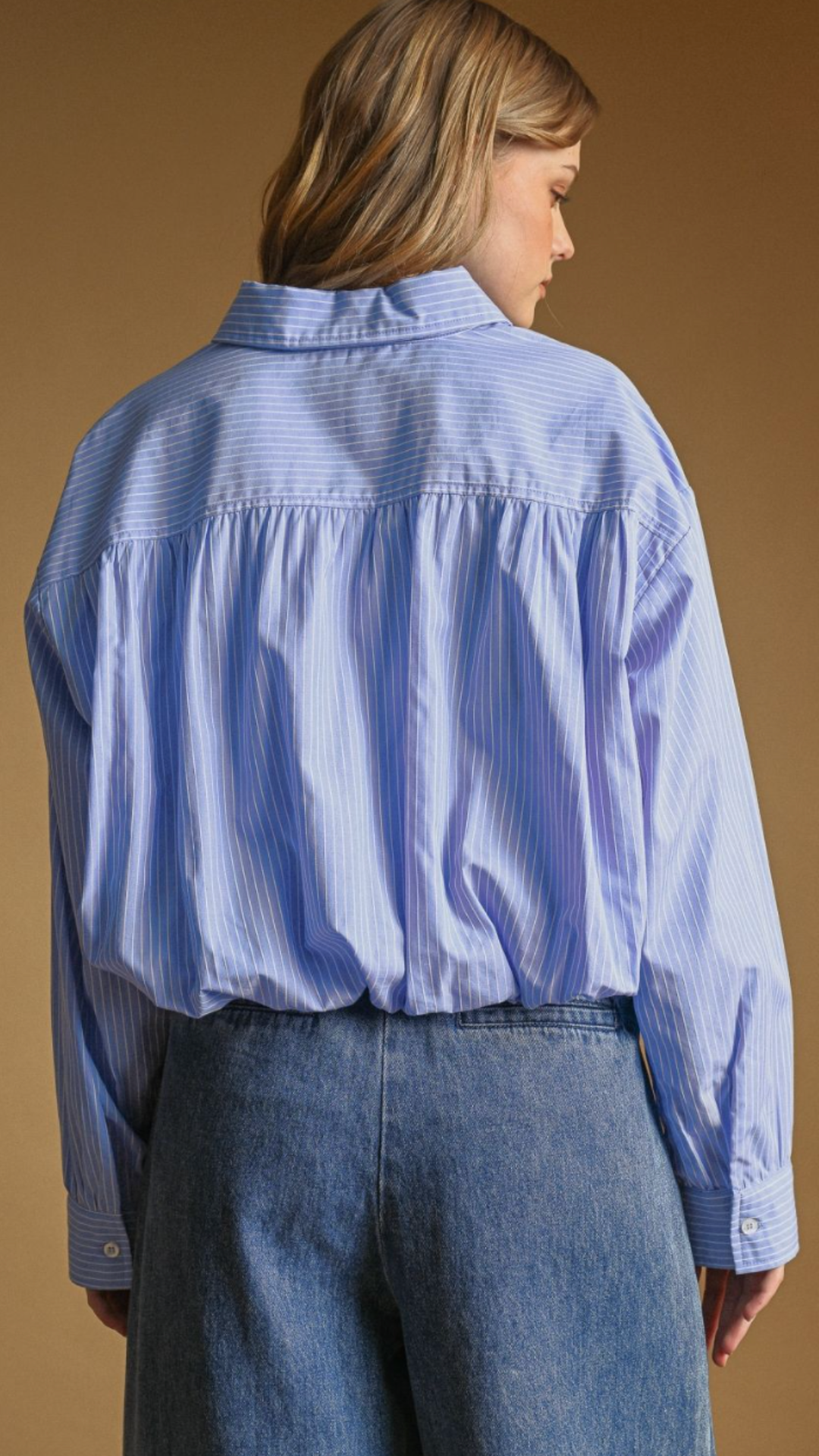Striped Pattern Balloon Hem Buttondown Top