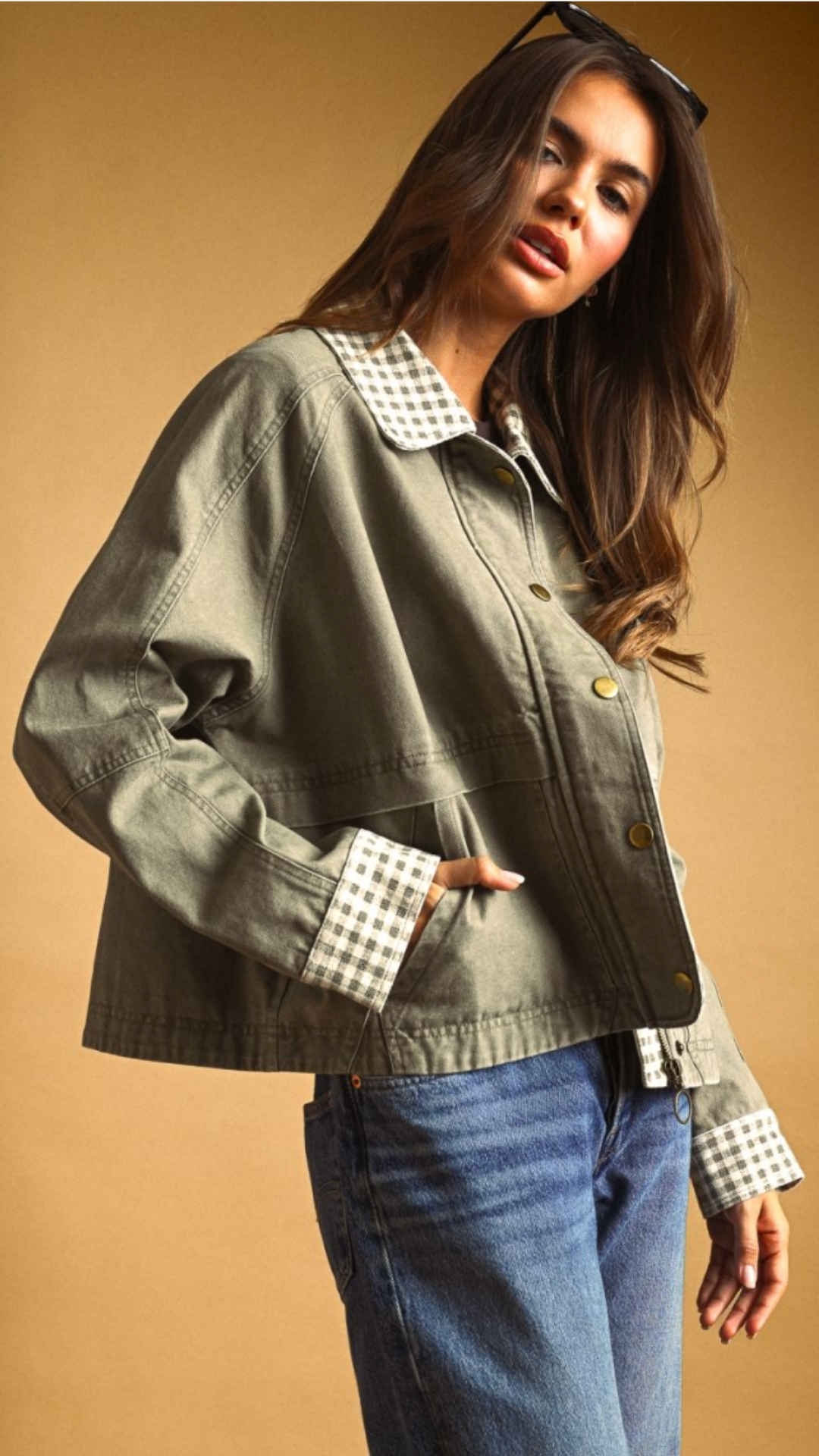 Olive Gingham Collared Twill Jacket