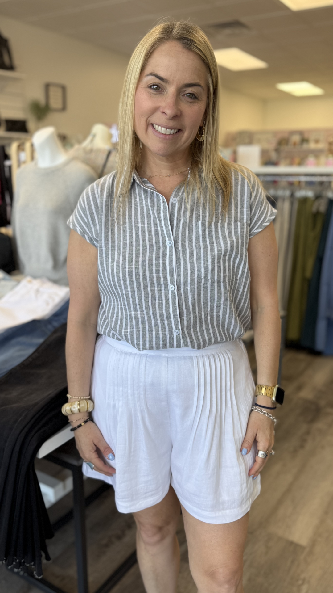 Grey Striped Button Down Top