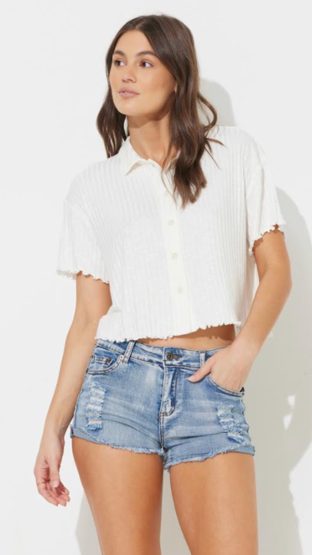 White Wide Knit Button Up