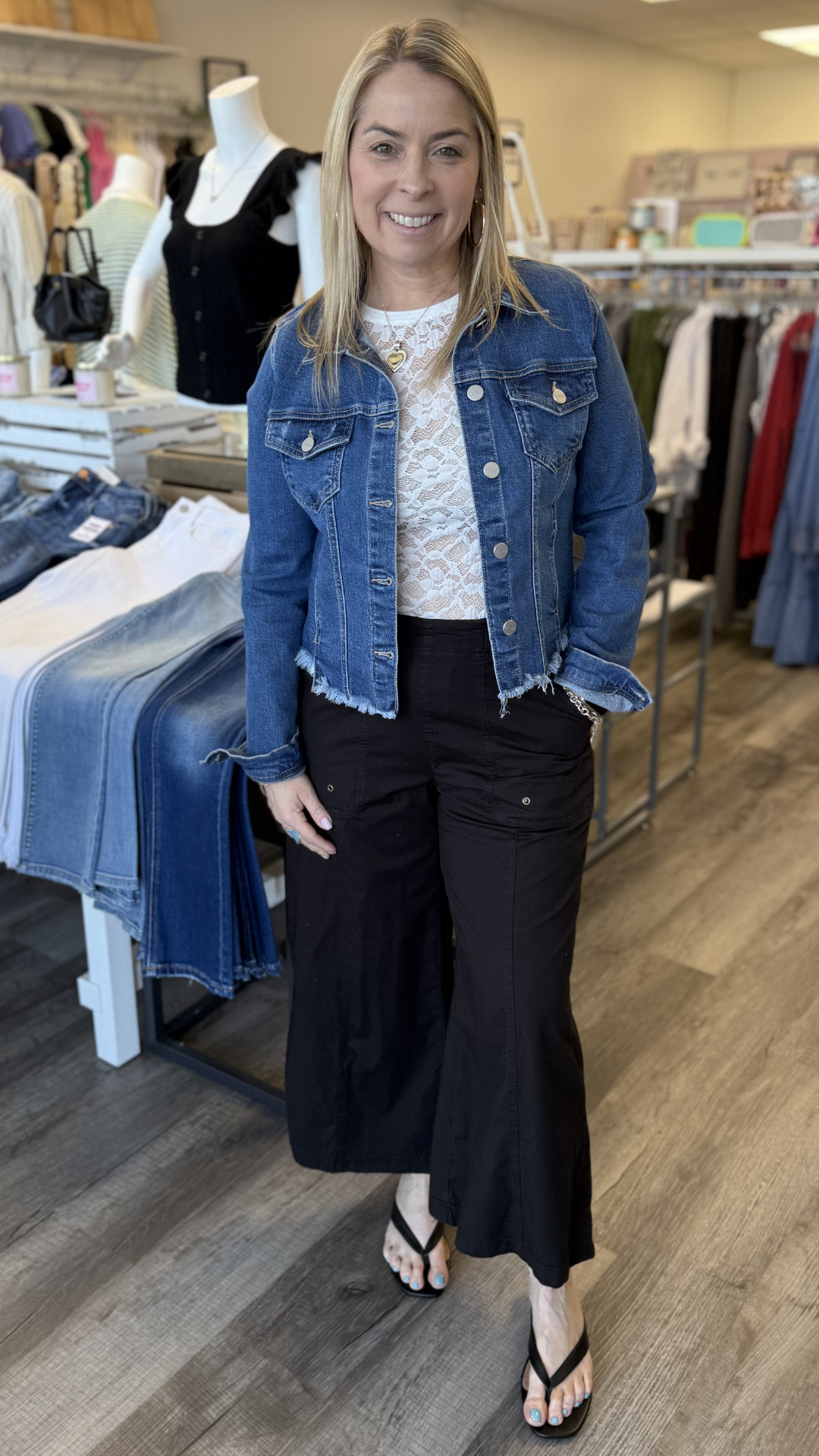 Medium Wash Irregular Frayed Hem Denim Jacket