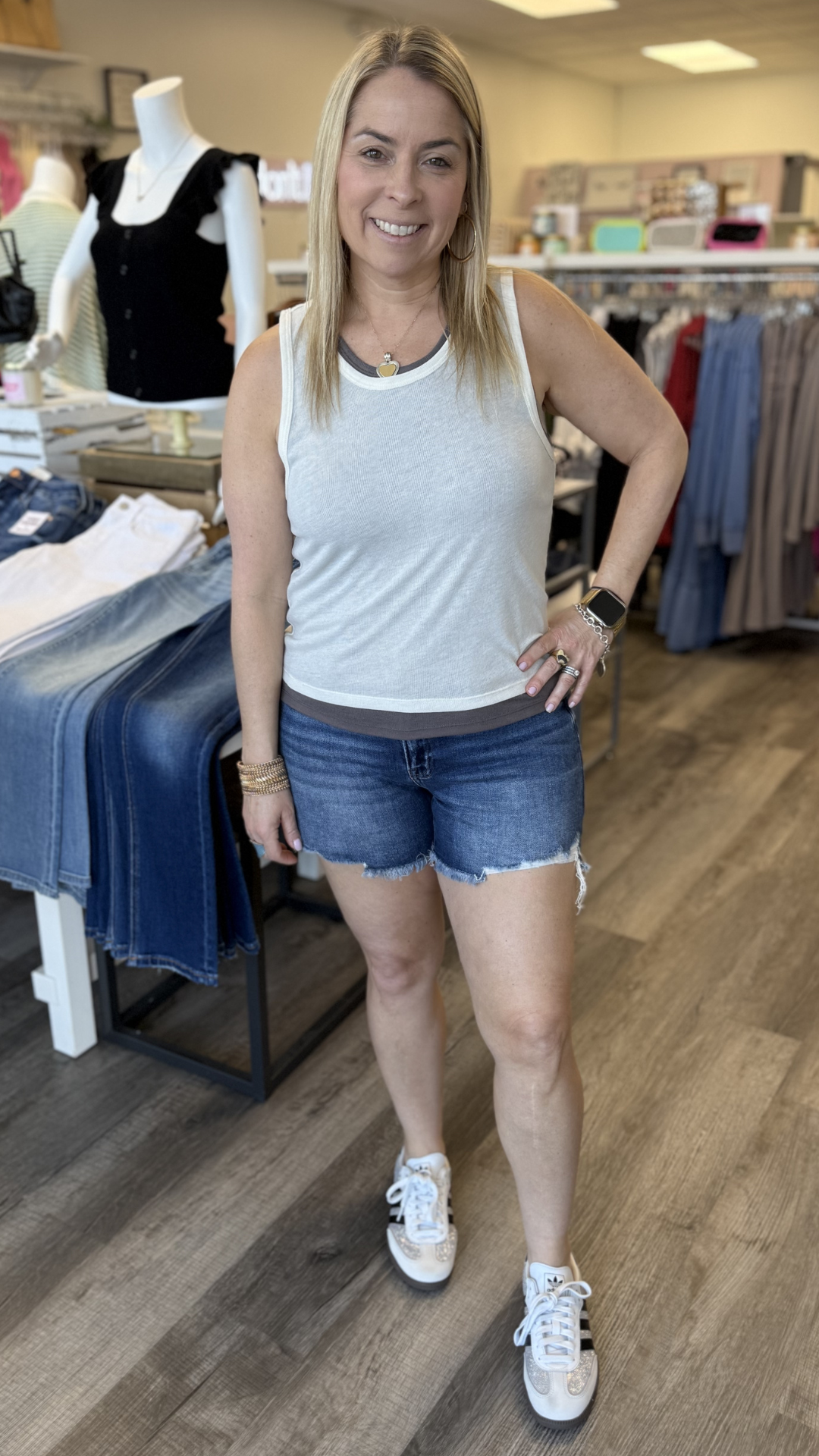 Cream And Charcoal Essential Double Layered Sleeveless Racer Back Tank