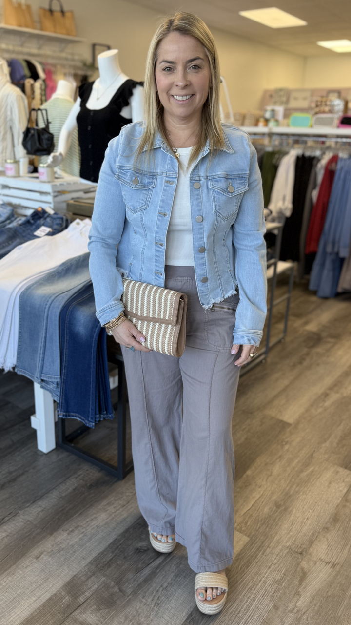 Light Wash Irregular Frayed Hem Denim Jacket