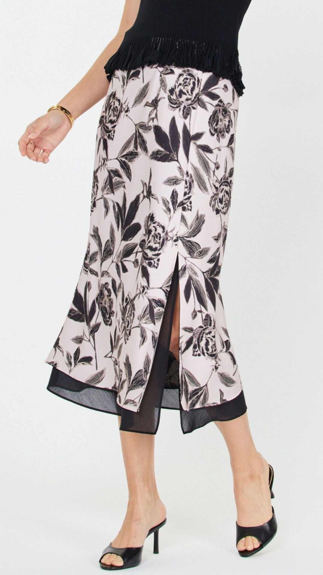 All Over Pink And Black Floral Midi Skirt With Sheer Chiffon Layer Hem