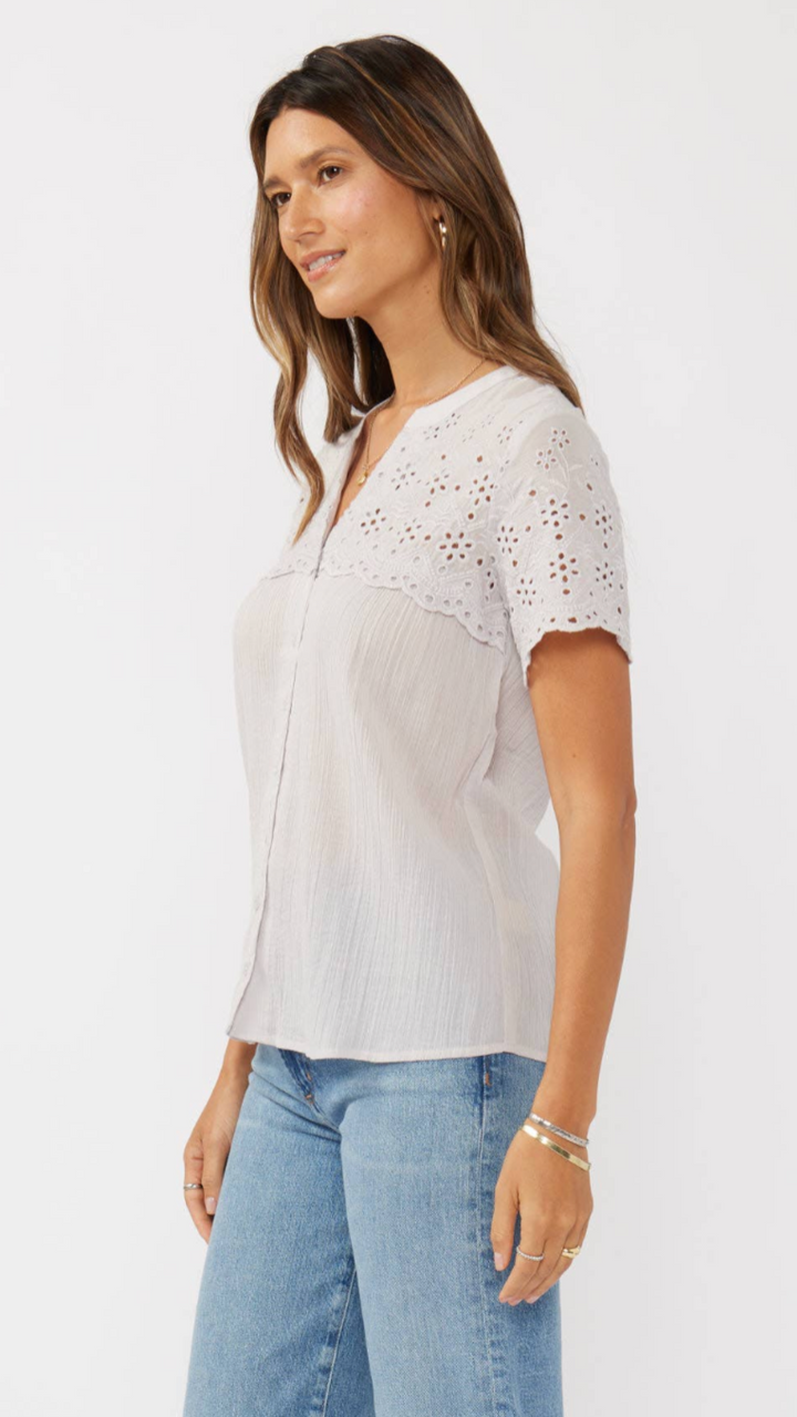 Dove Floral Eyelet Short Sleeve Button Down Blouse
