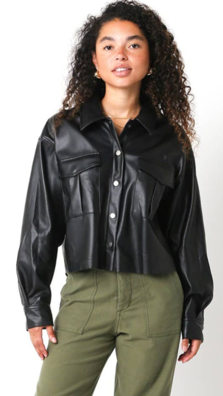 Black Faux Leather Buttoned Jacket