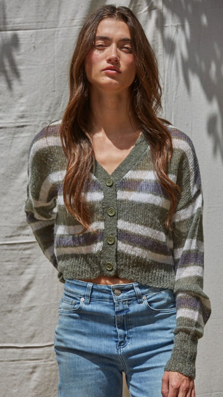 Olive Multi Stripe Crop Cardigan Sweater
