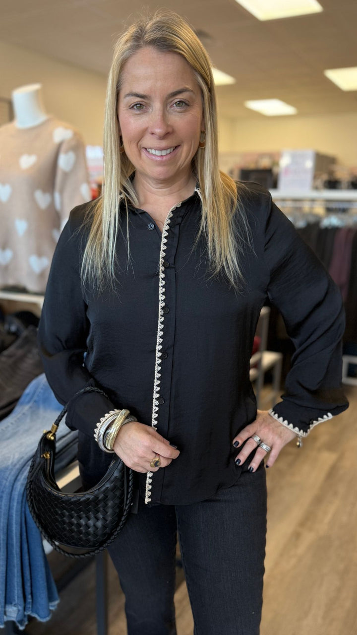 Black Blanket Stitch Silky Button Up Blouse