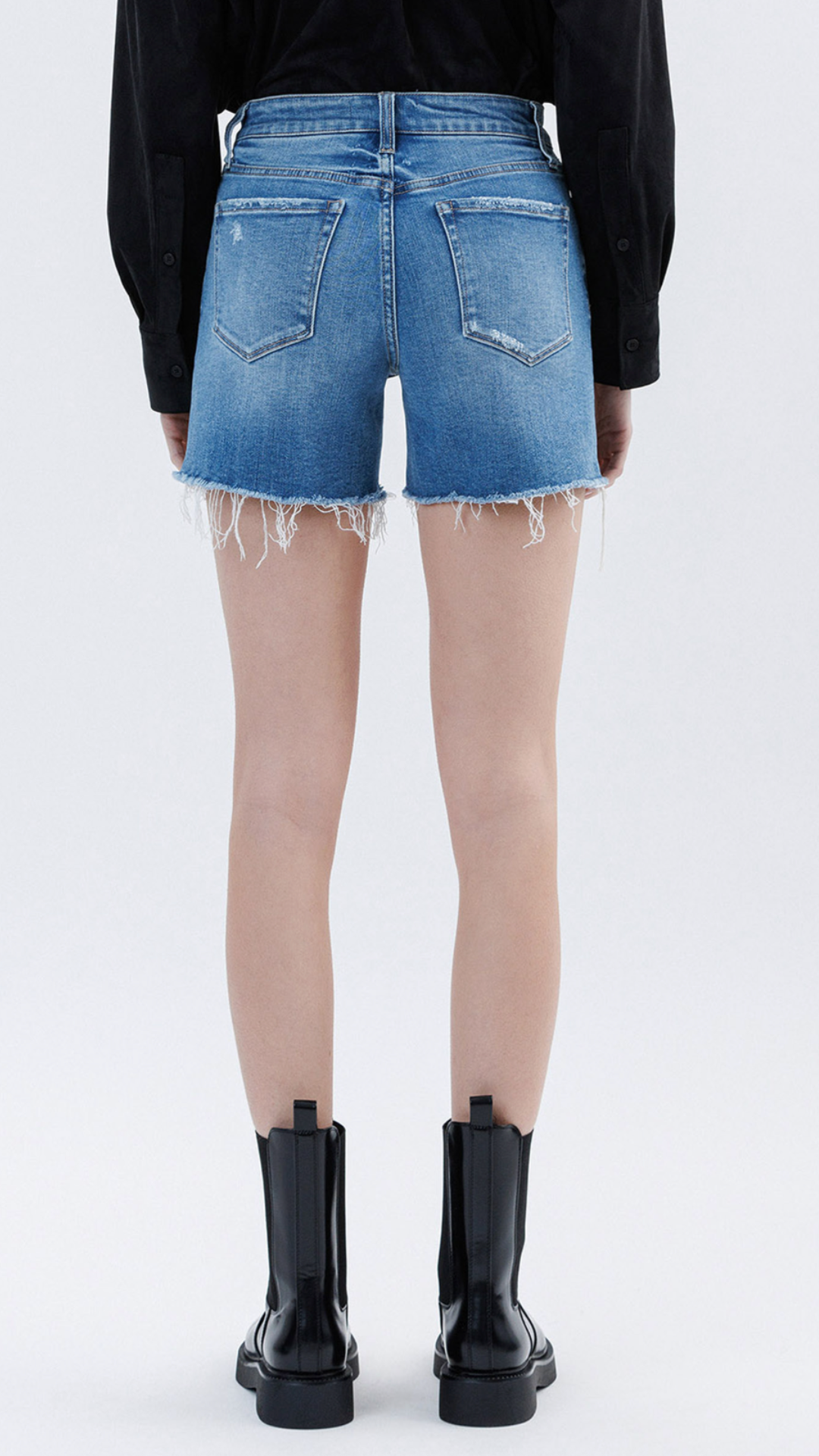 High Rise Medium Wash Raw Hem Denim Shorts