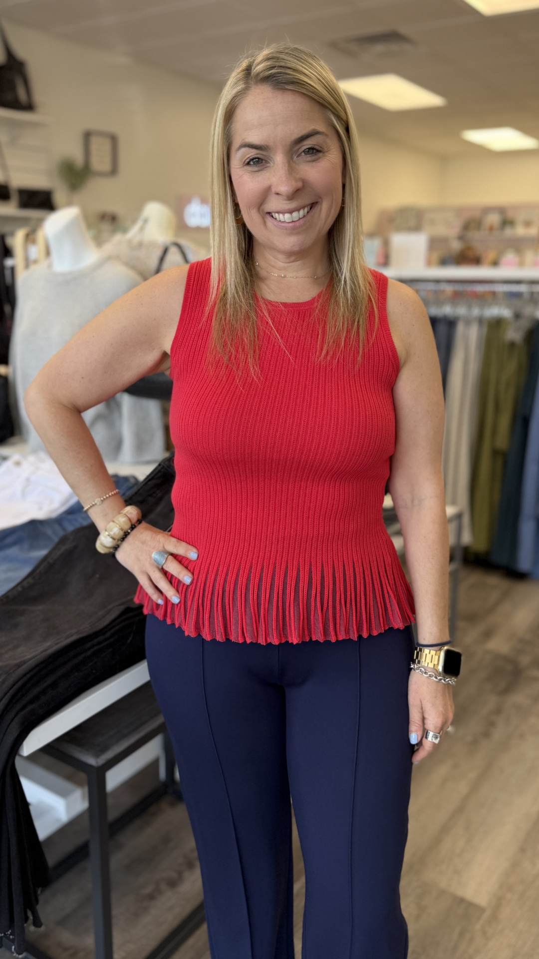 Ribbed Sheer Flared Peplum Hem Tank