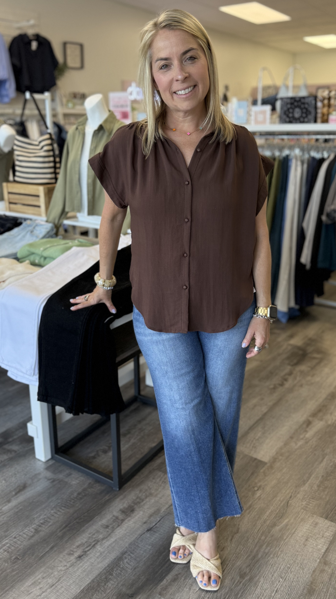 Brown Flutter Sleeve Blouse