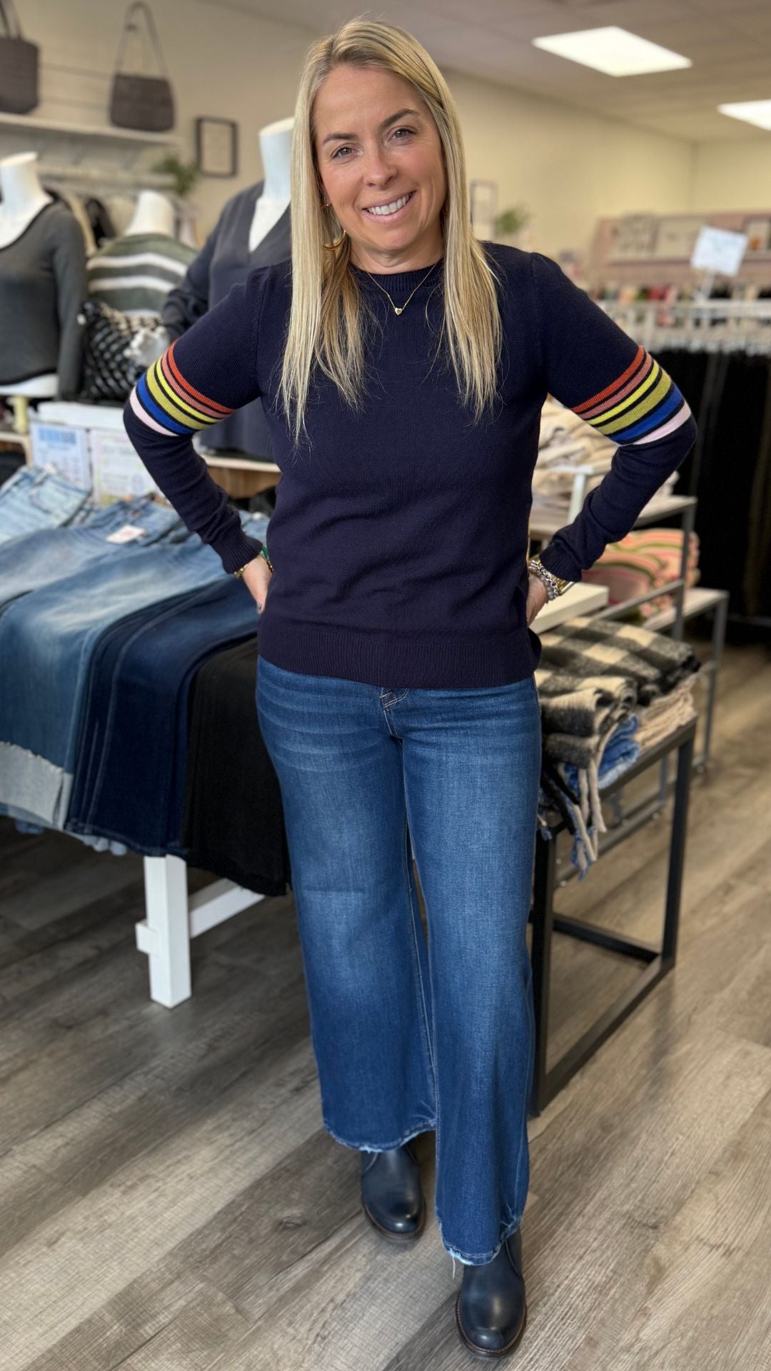 Navy Stripe Sleeve Knit Sweater