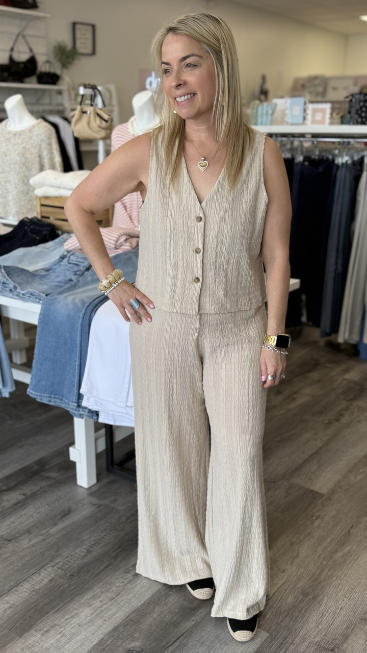 Tan Crinkled Fabric Sleeveless Button Front Top And Bottoms Set