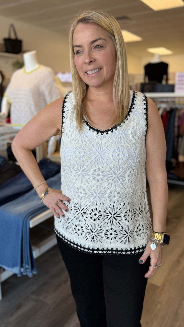 Sleeveless Crochet Black Trim Top