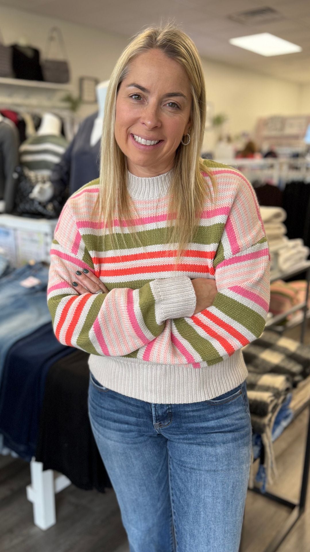 Multicolor Stripe Crewneck Knit Sweater