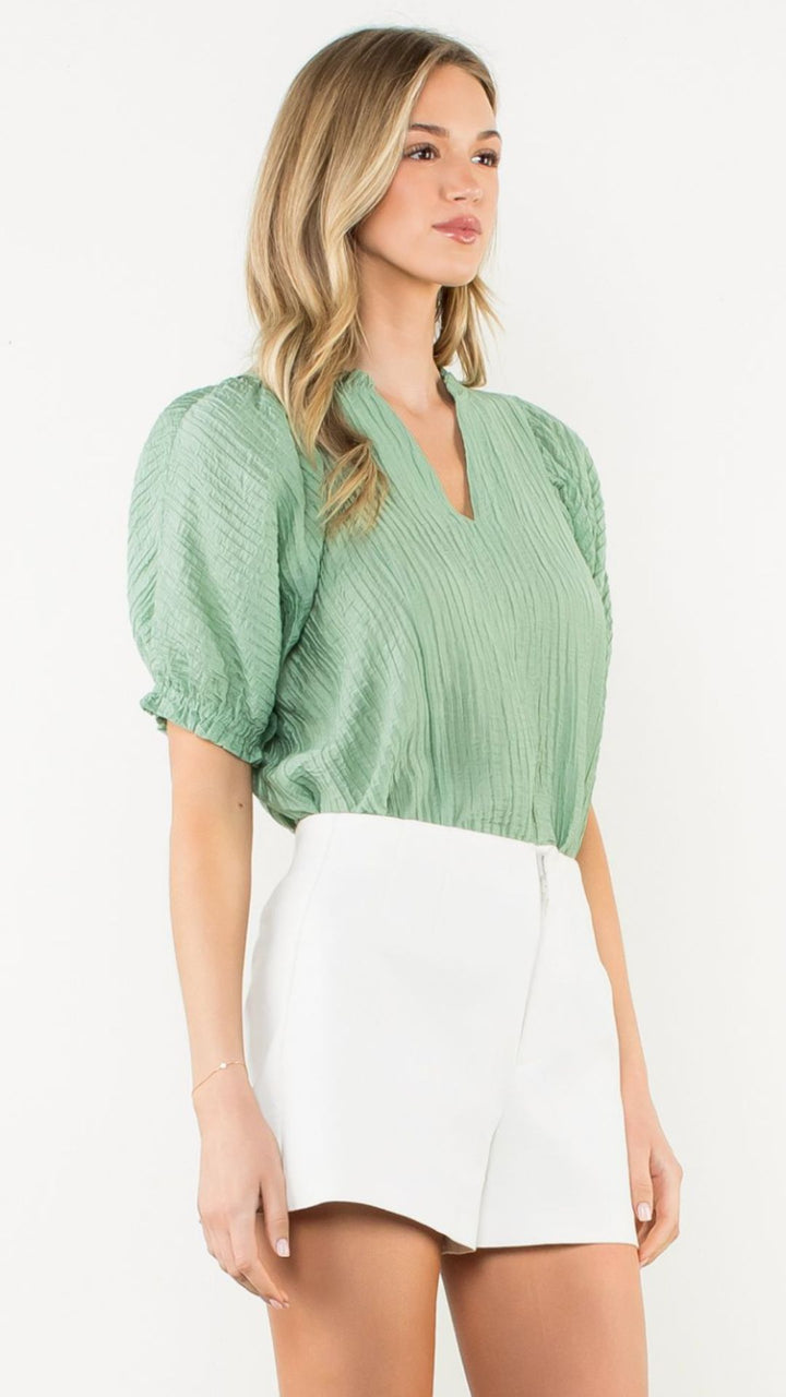 Sage Crinkled Split Neck Puff Sleeve Top