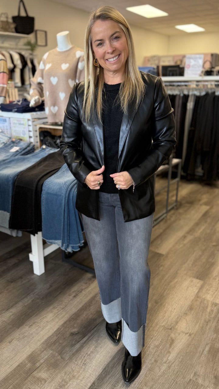 Faux Leather Open Blazer