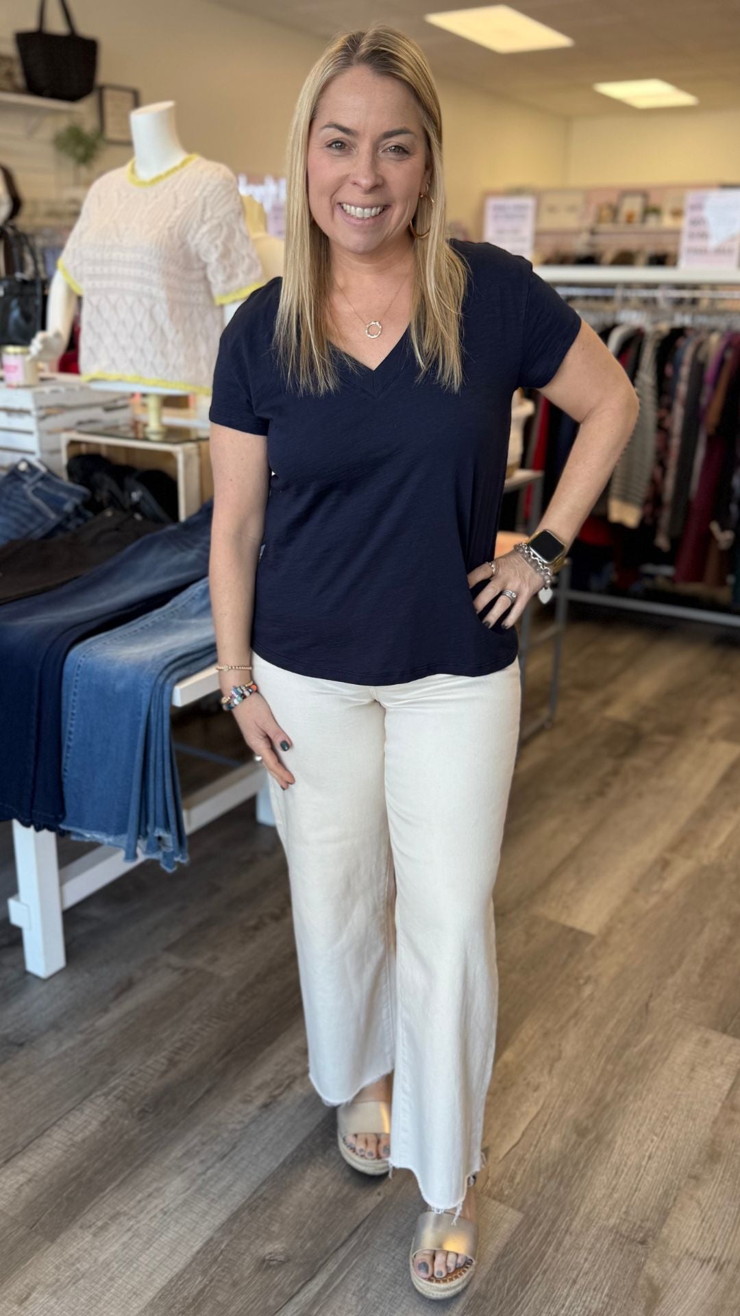 Navy Drop Shoulder V Neck Tee