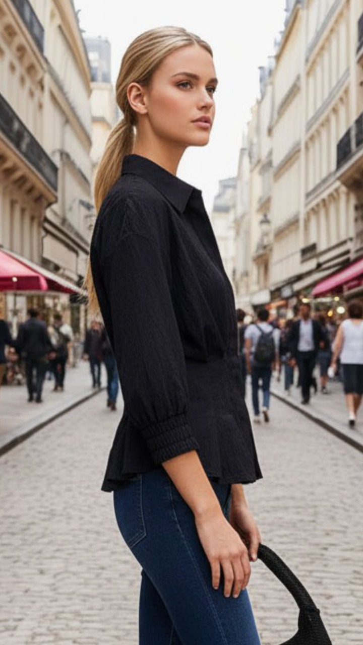 Black Dart Detail Quarter Sleeve Button Down Blouse