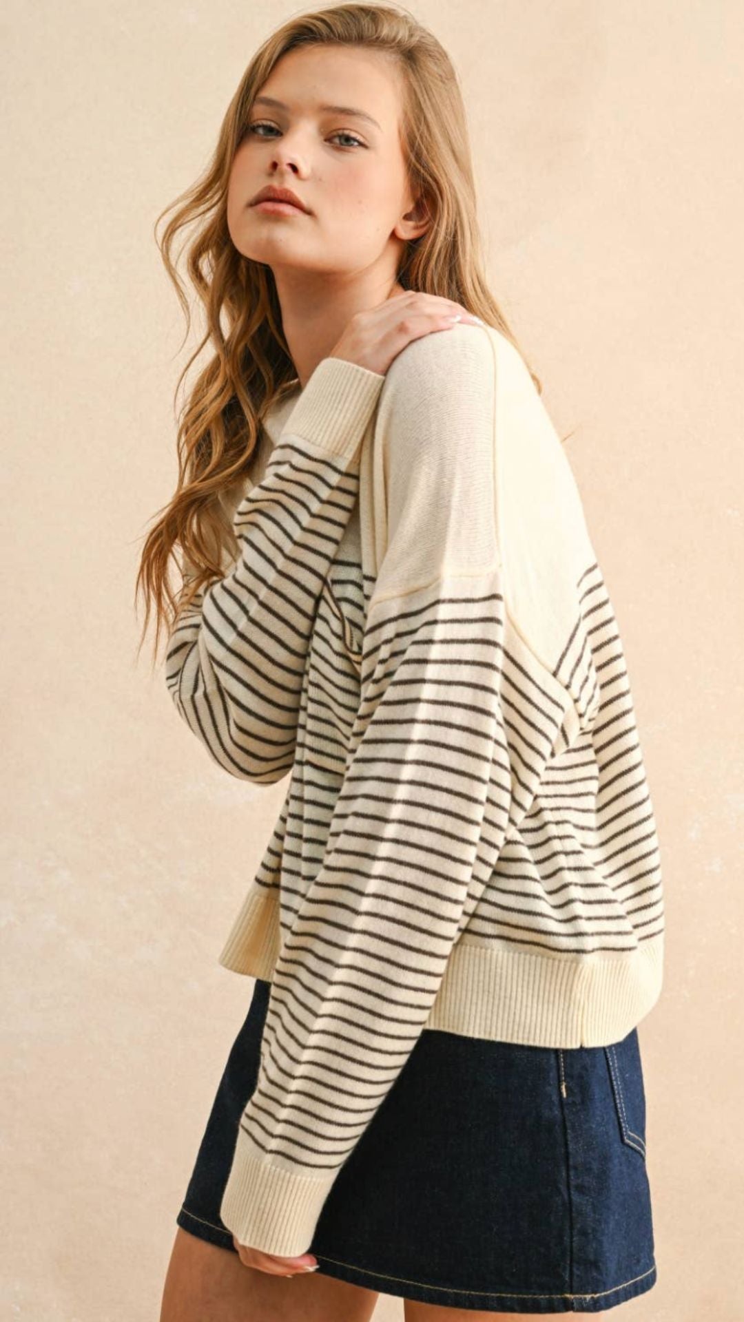 Cream And Mocha Stripe Sweater Top