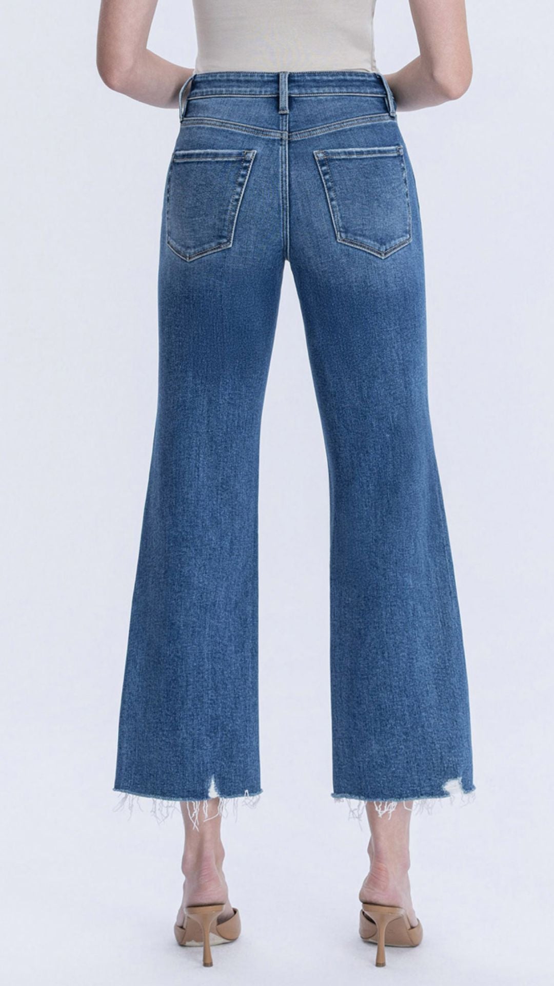 High Rise Medium Wash Raw Hem Vintage Flare Jeans