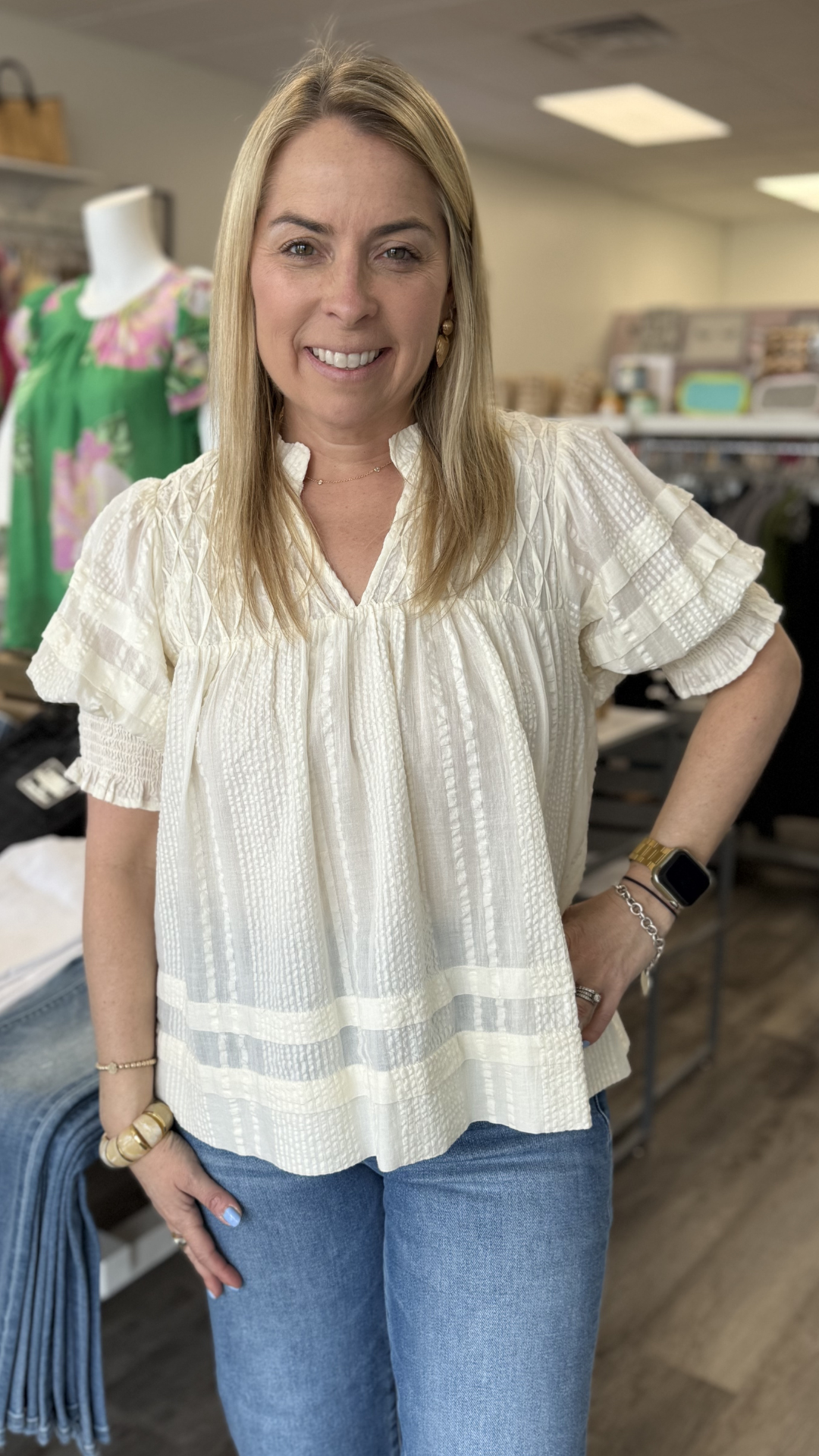 Short Sleeve Cream Crinkle Detail Blouse