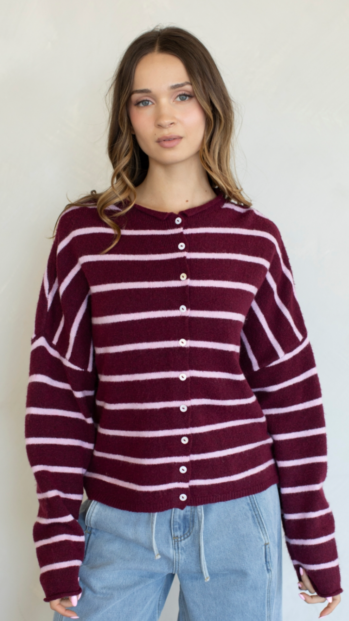 Wine Pink Cabana Striped Piper Cardigan