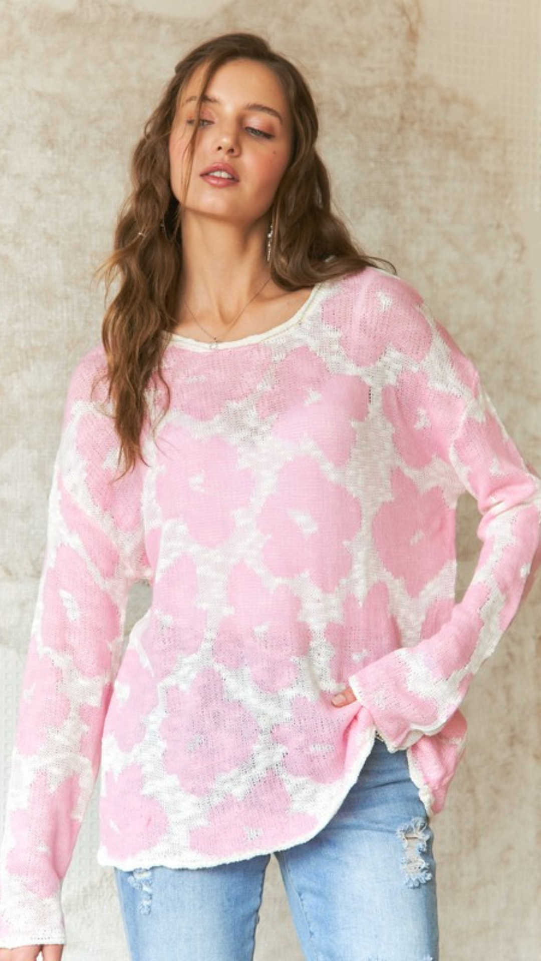 Oversized Raw Edge Lightweight Floral Sweater