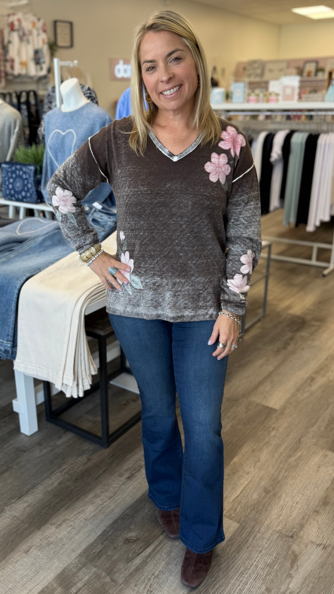 Coffee Floral Reversible V Neck Sweater