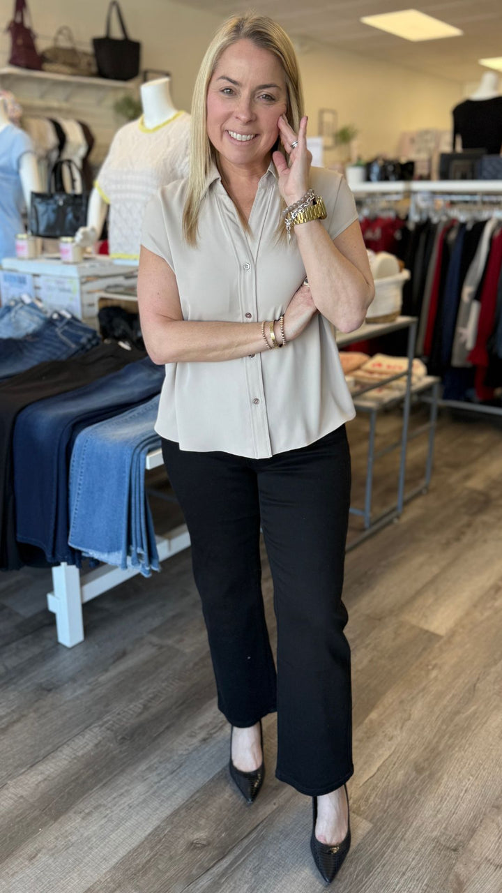 Taupe Cap Sleeve Buttoned Blouse