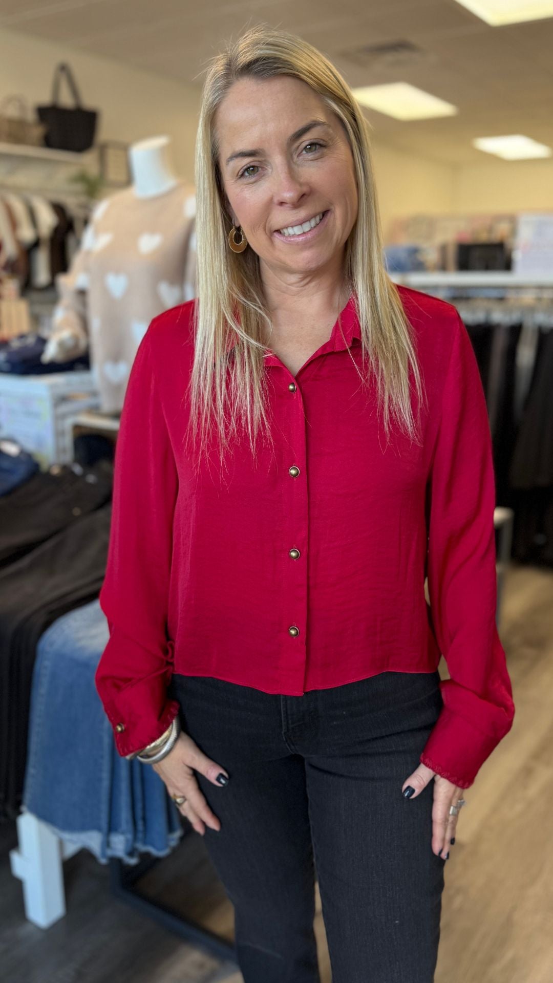 Crimson Red Blanket Stitch Cuff Button Up Cropped Blouse