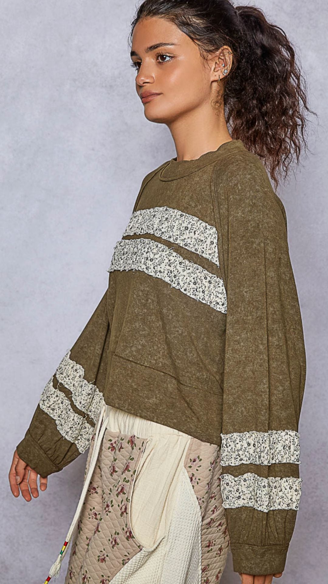 Olive Round Neck Balloon Sleeve Patch Pullover